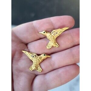 Hummingbird Shaped Gold Tone Metal Stud Earrings Vintage Costume Jewelry
